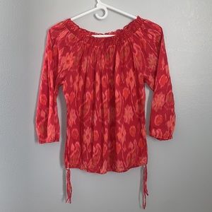 Lucky Brand Tie Cinch Waist Blouse Tie Dye Floral Print 3/4 sleeve 100% Cotton